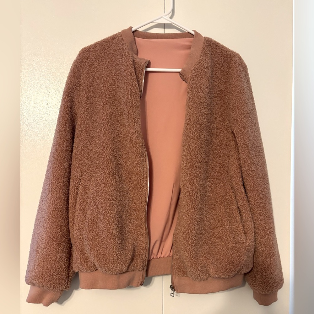 Eurivicy Fleece Faux Sherpa Pink Bomber Jacket Size M EUC